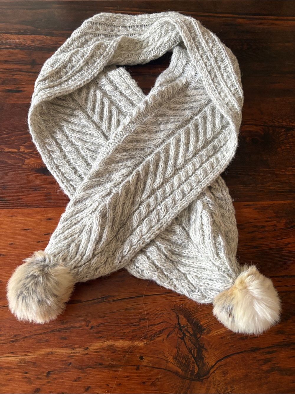 aerie Cable Knit Scarf with Faux Fur Pom-Poms - Light Gray